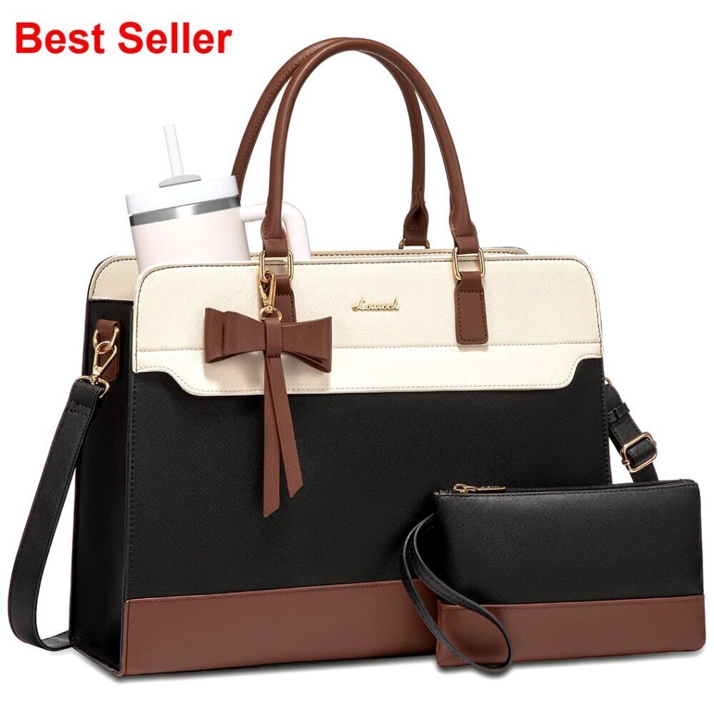 Leather Laptop Tote Bag for Women, Waterproof Work Briefcase, 15.6 Inch